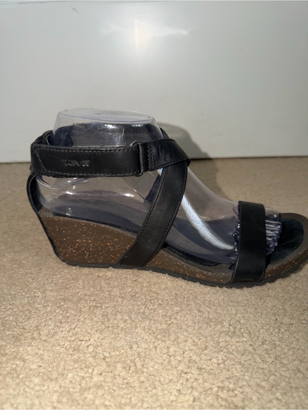 Teva Women’s Size 7 Black Leather Wedge Sandals Ankle Strap Comfort Shoes